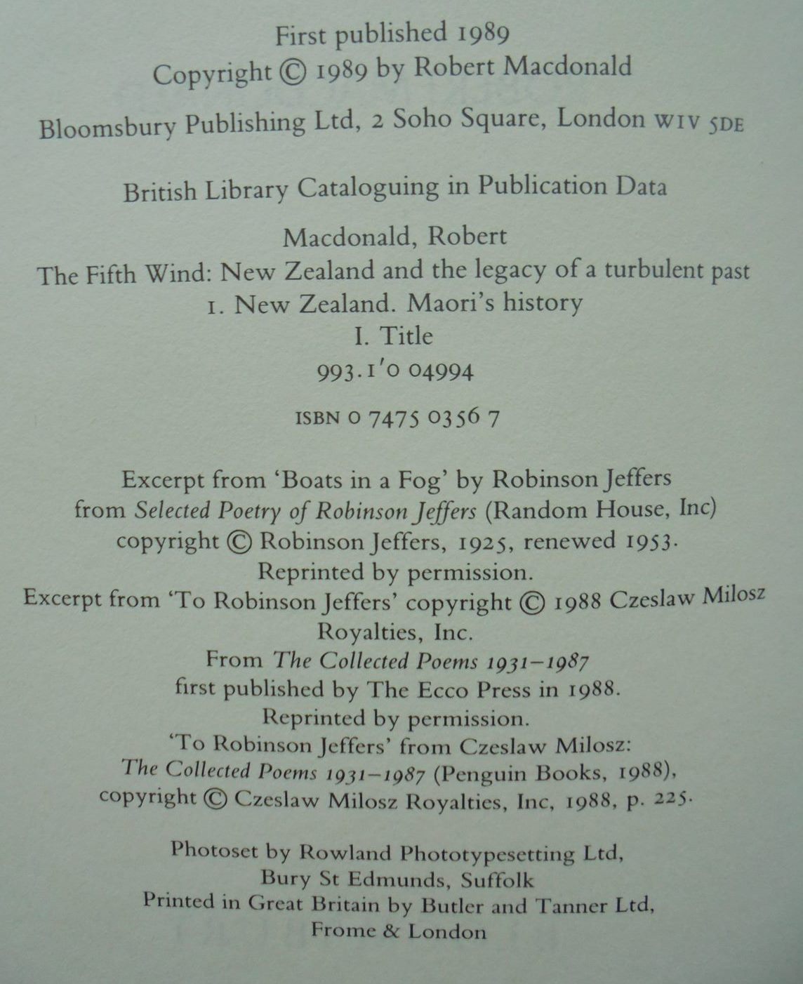 The Fifth Wind New Zealand and the Legacy of a Turbulent Past. FIRST EDITION HARDBACK