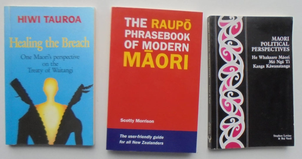 Three Maori books. Phrasebook Of Maori, Healing the Breach, Maori Political Perspectives