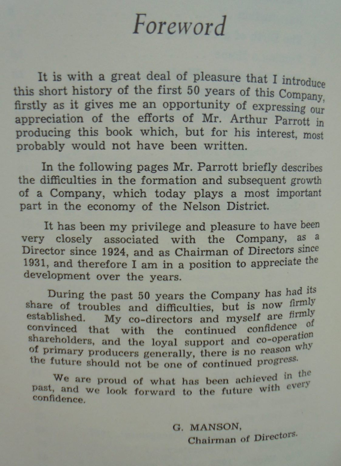 The First Fifty Years : a history of the Nelson Freezing Company Limited SIGNED by Arthur W. Parrott.