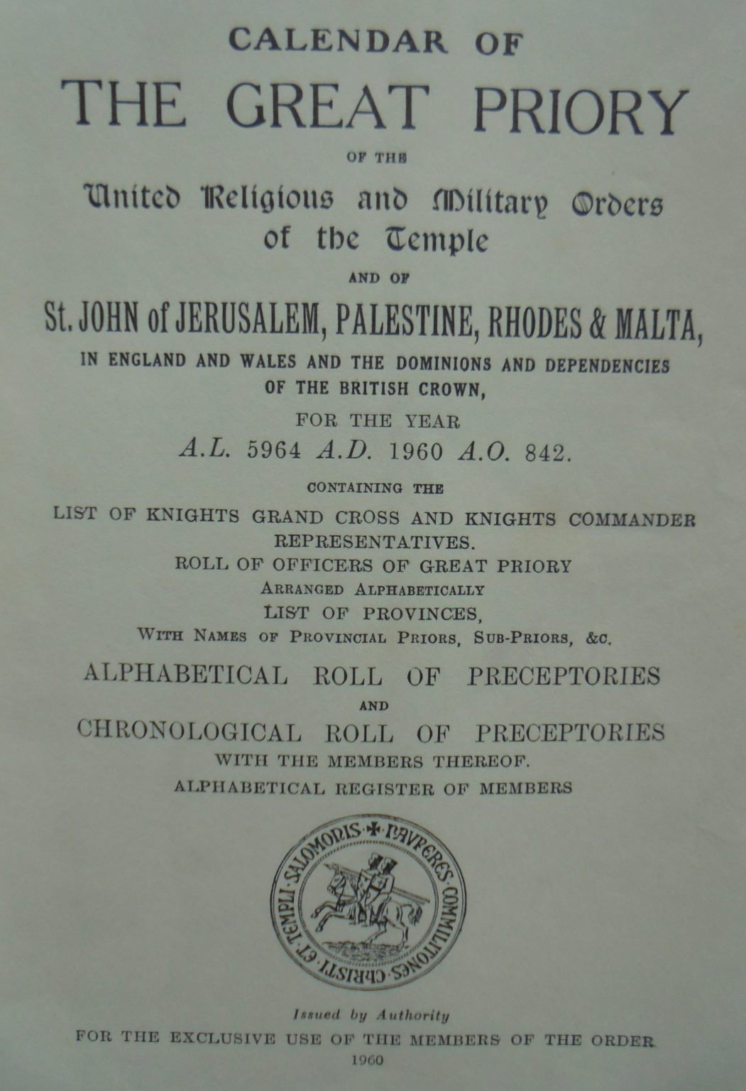 Knights Templar. Calendar of The Great Priory of The United Religious and Military Orders of the Temple of the St. John of Jerusalem, Palestine, Rhodes and Malta in England and Wales and the Dominions and Dependencies of the British Crown