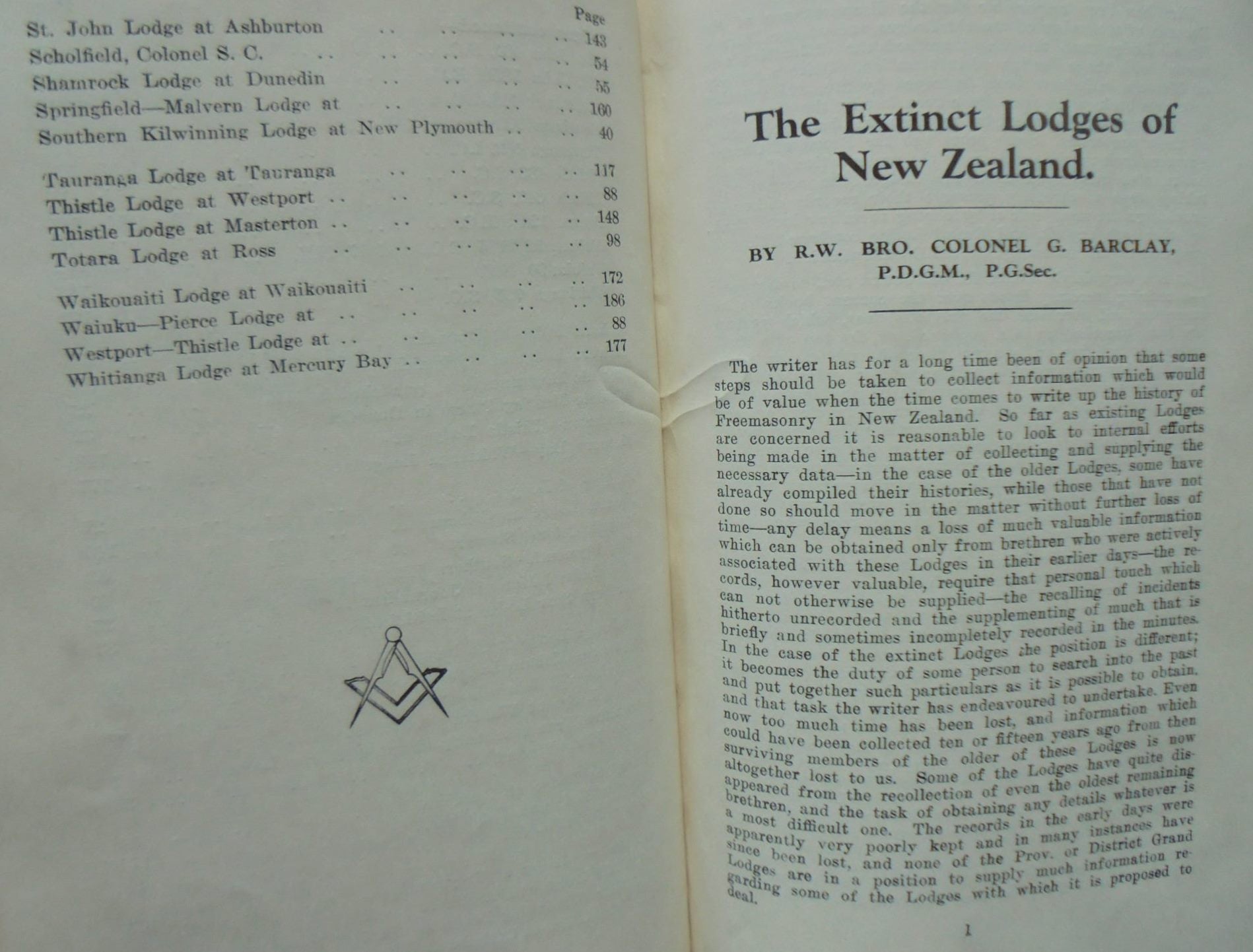 The Extinct Lodges of New Zealand By R. W. Bro. Colonel G. Barclay. SIGNED BY AUTHOR. Inscribed to previous owner.