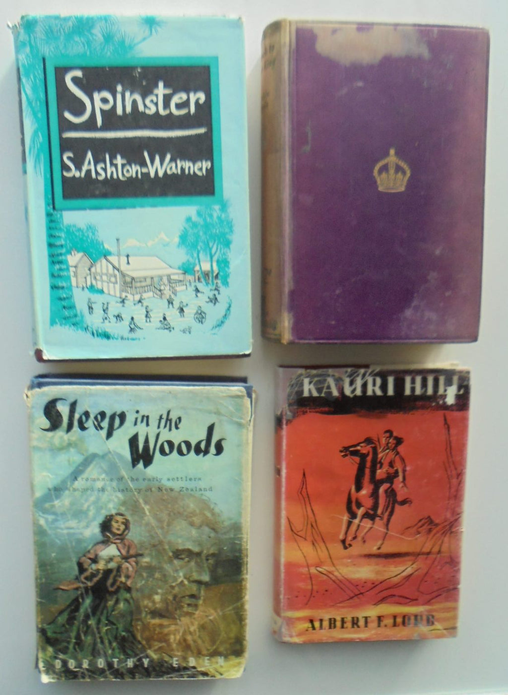 Four New Zealand Novels. Spinster by S. Ashton, Sleep In The Woods by Dorothy Eden. Kaurin Hill. By Albert F. Lord. Check to your King. By Robyn Hyde