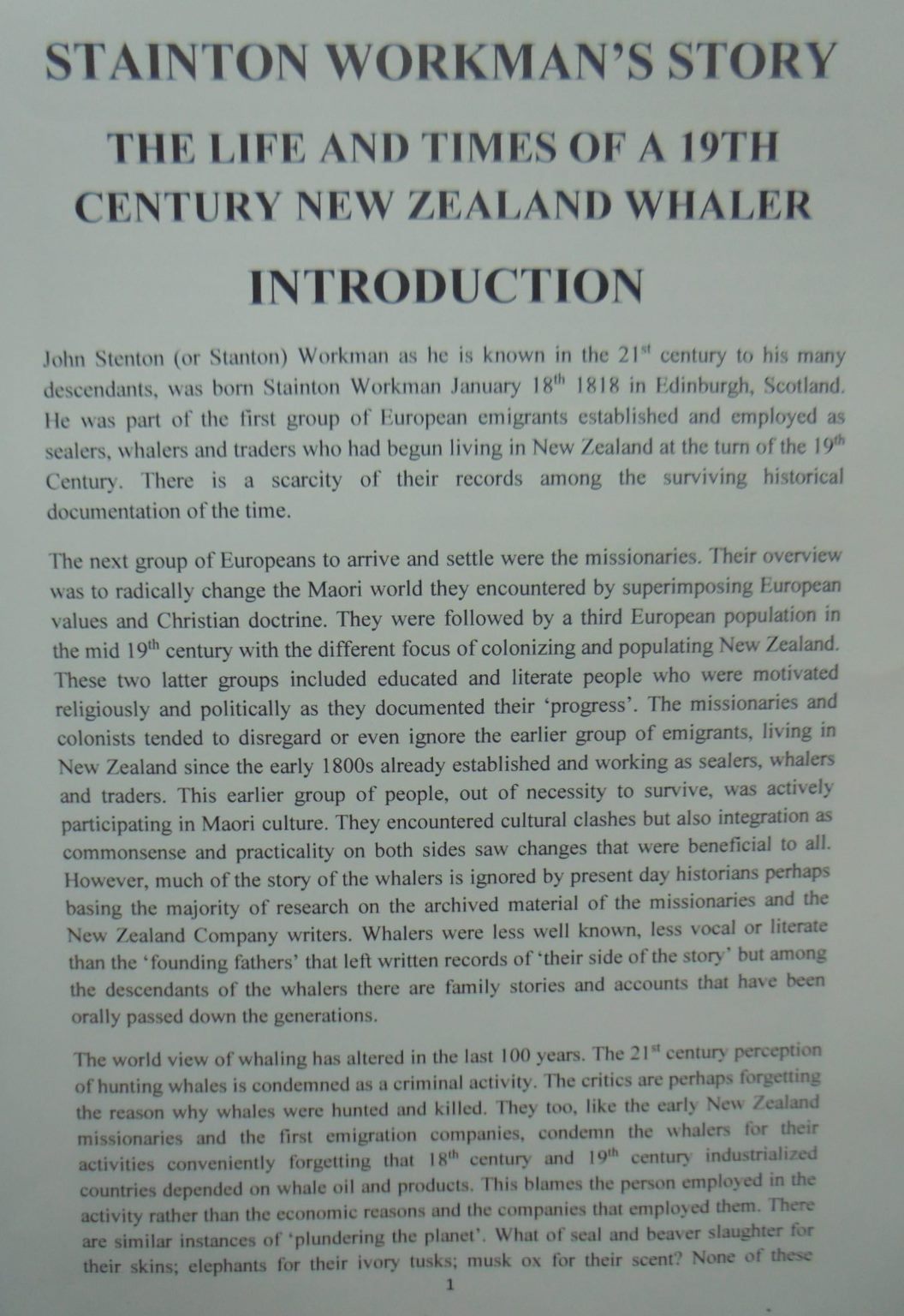 Stainton Workman's Story: The Life and Times of a 19th Century New Zealand Whaler