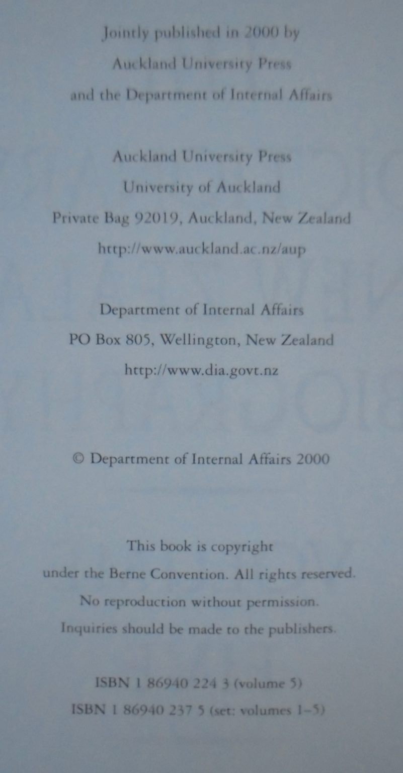 Dictionary of New Zealand Biography: Full set of 5 Volumes.