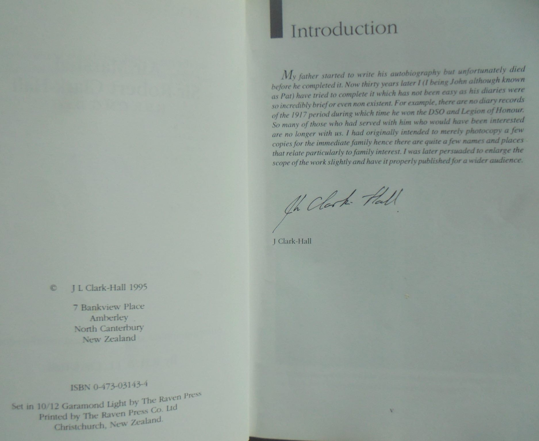 Air Marshal Sir Robert Clark-Hall - K.B.E. C.M.G. D.S.O. Air Marshall Sir Robert Clark-Hall: Autobiographical and Biographical Reminiscences. SIGNED BY AUTHOR.