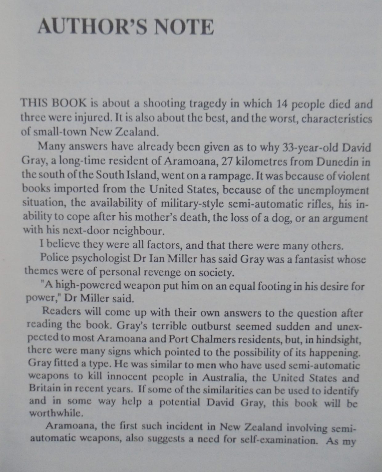 Tragedy At Aramoana. By Paul Bensemann. Publisher: Cape Catley, Whatamongo Bay, 1991. RARE.
