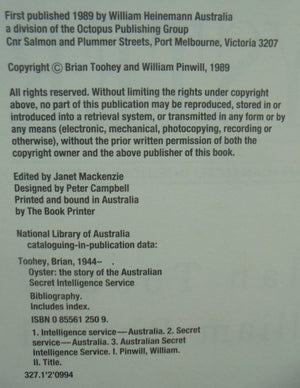 Oyster The story of the Australian Secret Intelligence Service. By Brian Toohey.