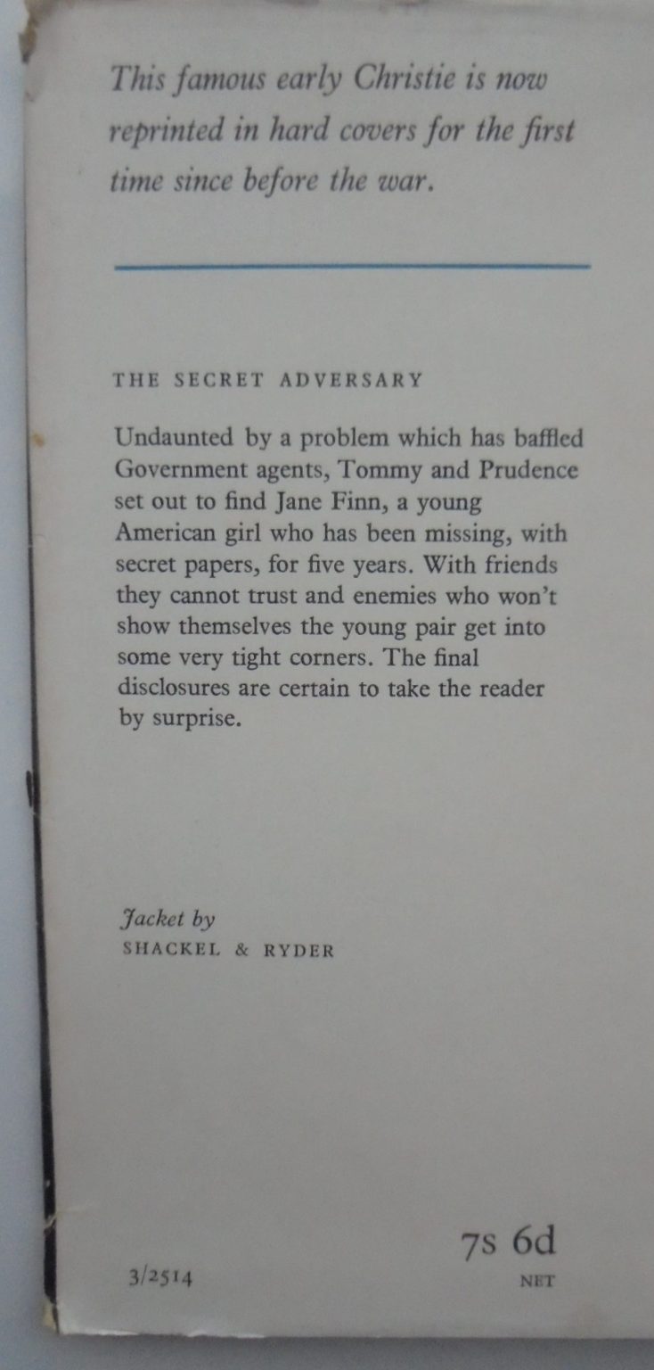 The Secret Adversary. 1958, 2nd edition. SCARCE Agatha Christie.