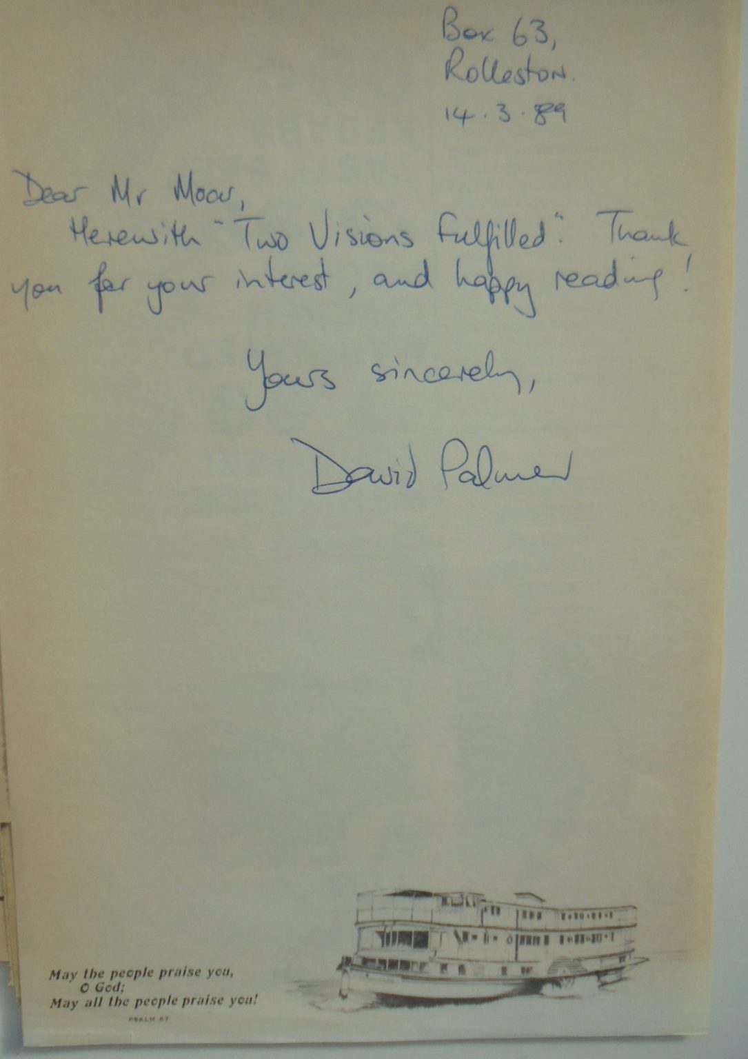 Two Visions Fulfilled. The Story of Rolleston from 1866 to Present Day. by David Palmer. SIGNED BY AUTHOR.