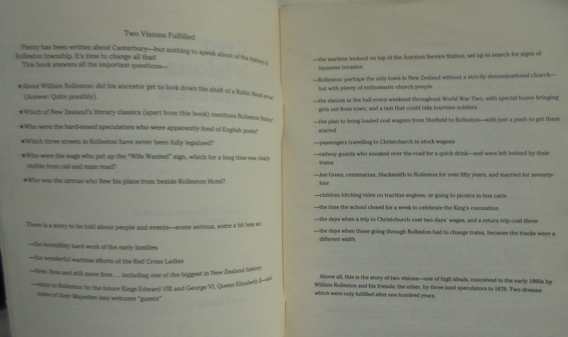 Two Visions Fulfilled. The Story of Rolleston from 1866 to Present Day. by David Palmer. SIGNED BY AUTHOR.