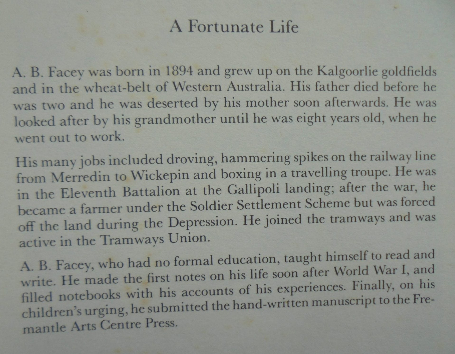 A Fortunate Life By A. B. Facey, Robert Juniper.