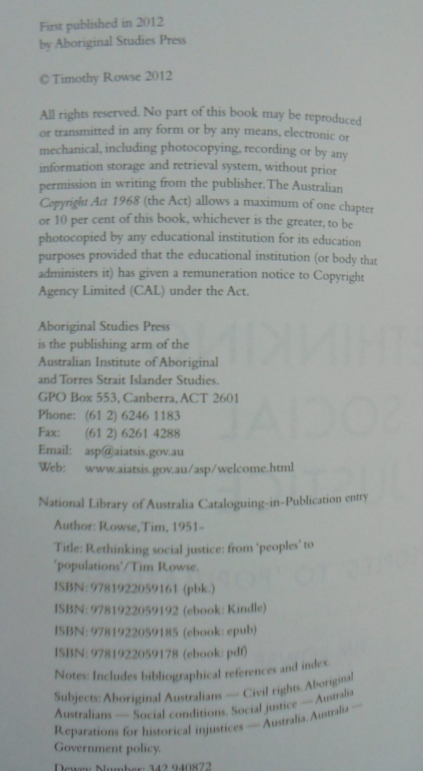 Rethinking Social Justice From Peoples to Populations By Tim Rowse,