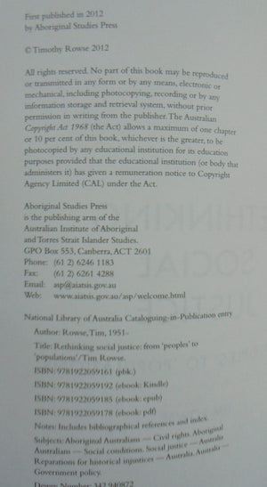 Rethinking Social Justice From Peoples to Populations By Tim Rowse,