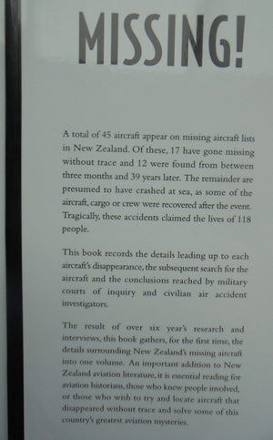 Missing. Aircraft Missing in New Zealand 1928 - 2000 by Chris Rudge. SIGNED BY AUTHOR.