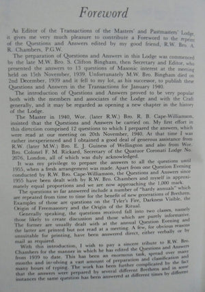 Masters and Past Masters Lodge No. 130 Questions and Answers The Questions and Answers Dealt with in the Transactions of the Master' and Past Masters' Lodge by R Hepburn.