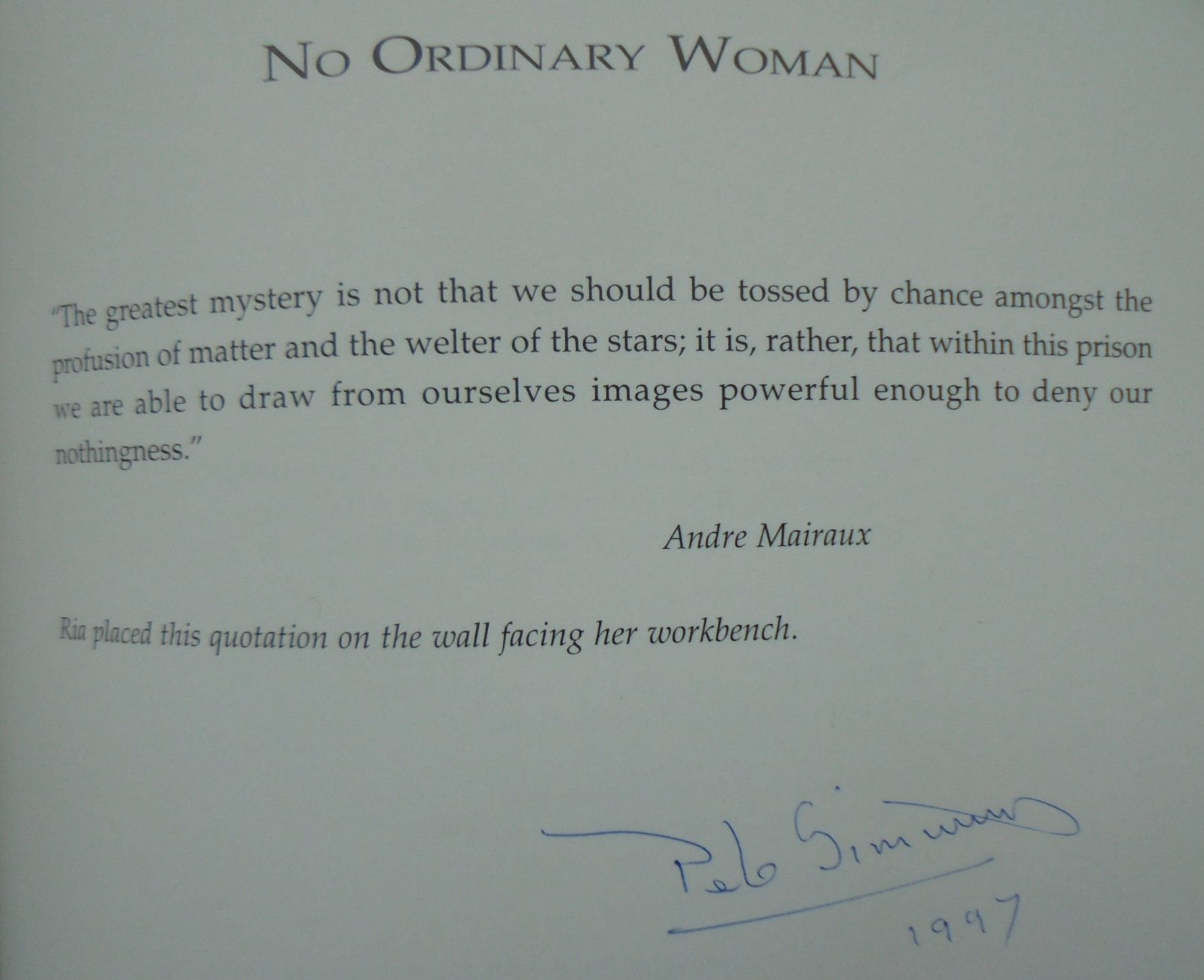 No Ordinary Woman A Biography of Ria Bancroft - Sculptor, 1907-93 By Peb Simmons. SIGNED BY AUTHOR.