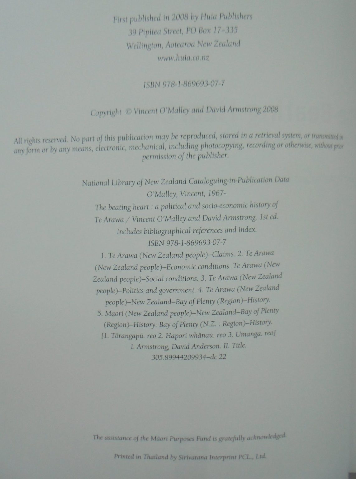 The Beating Heart A Political and Socio-economic History of Te Arawa By Vincent O'Malley, David Anderson Armstrong.