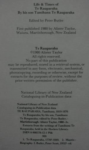 Life & Times of Te Rauparaha by Te Rauparaha, Tamihana. 1980, first edition.