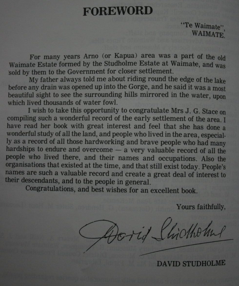 Kapua The Years Between ­1894-1994 A History of the Kapua Settlement & Arno District By J.G. Stace.