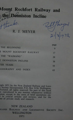 Coaling from the Clouds, The Mount Rochfort Railway and the Denniston Incline by R J Meyer. SIGNED BY AUTHOR. FIRST EDITION HARDBACK. VERY SCARCE.