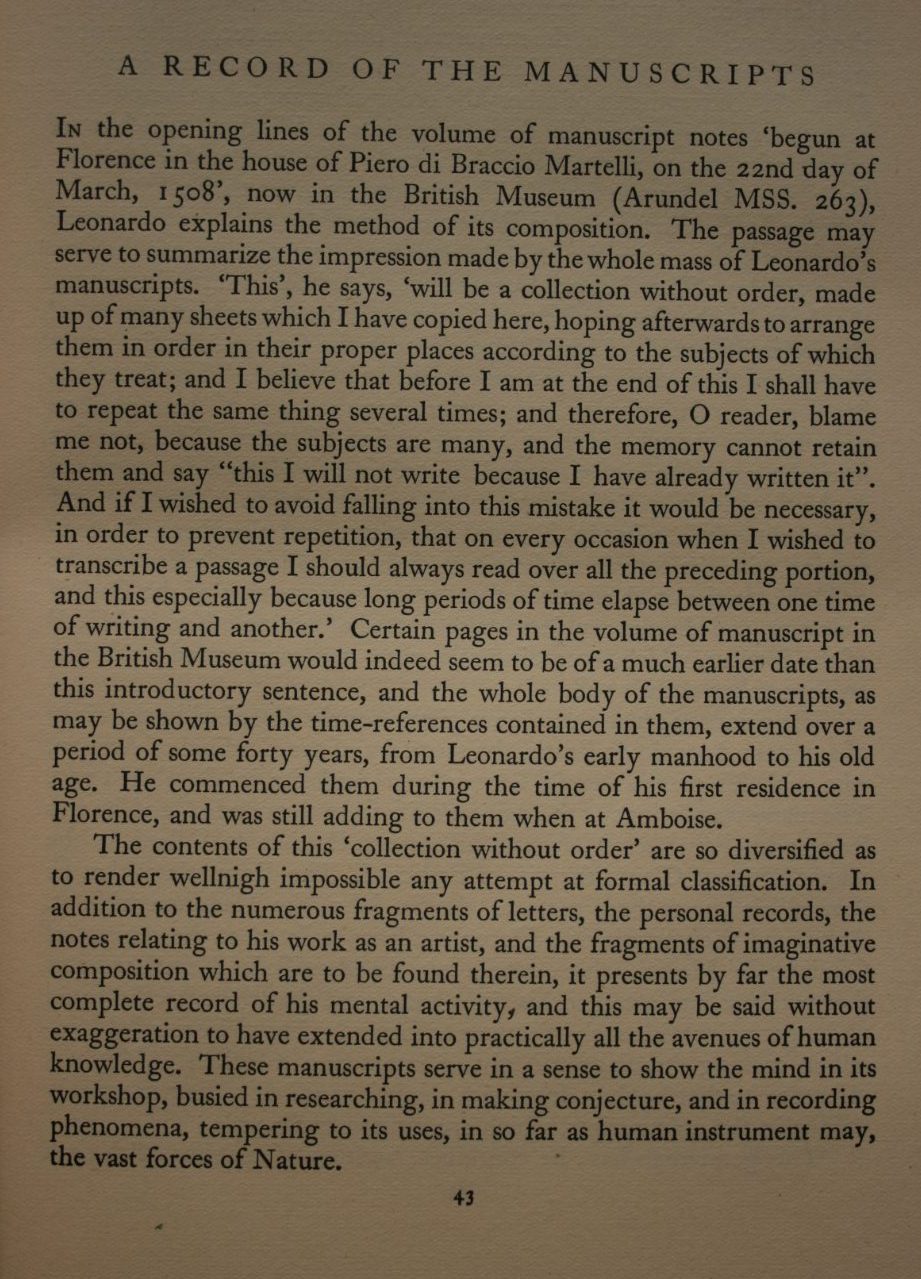 The Notebooks of Leonardo Da Vinci, Volumes 1 and 2. Arranged, rendered into English and Introduced by Edward MacCurdy.