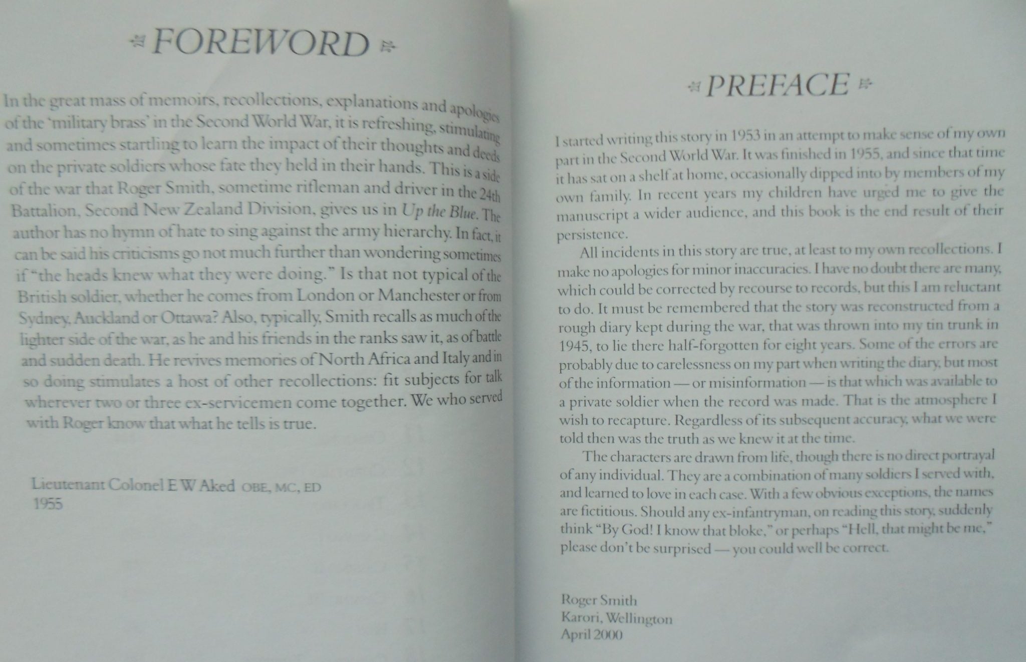 Up the Blue A Kiwi Private's View of the Second World War By Roger Smith.