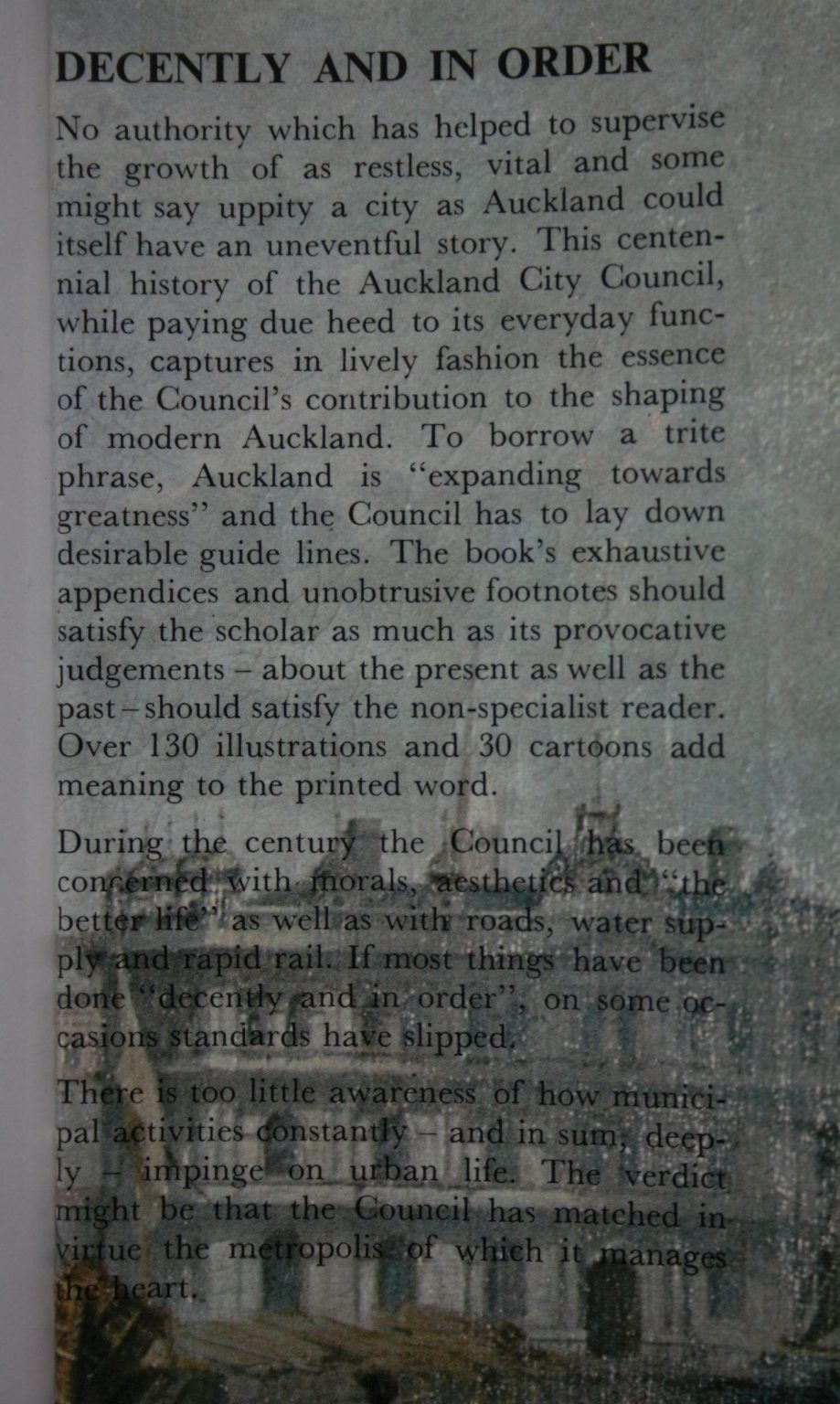 Decently And in Order - the Centennial History of the Auckland City Council. By G.W.A. Bush.