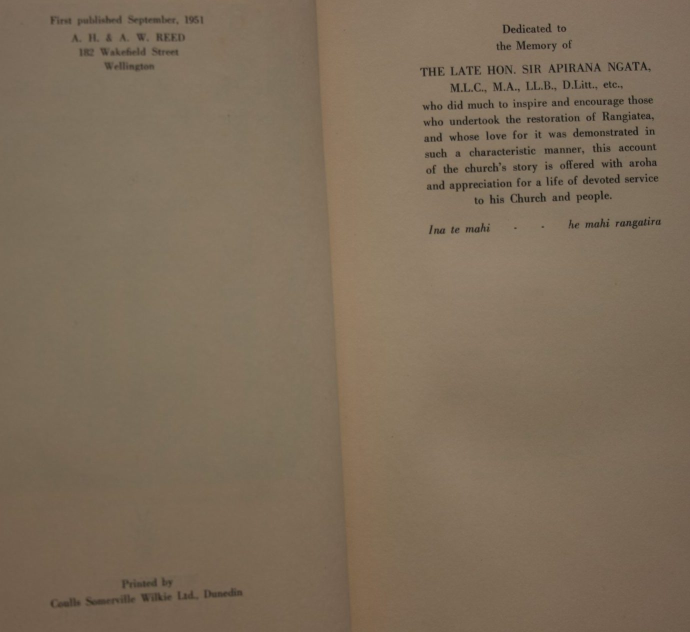 Rangiatea. The Story of the Otaki Church its First pastor and its People by Eric Ramsden.  1951, First Edition.