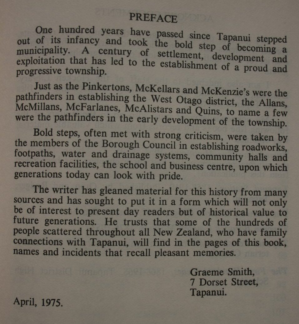 Tapanui turns one hundred - a publication to mark the centennial of the Borough of Tapanui 1876-1976. By Graeme John Smith