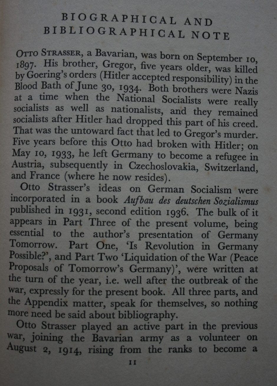 Germany Tomorrow by Otto Strasser. (Author of Hitler and I).