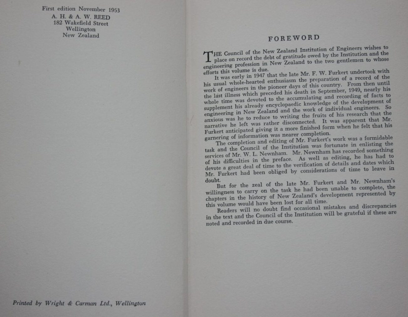 Early New Zealand Engineers by F W Furkert. 1953, first edition.