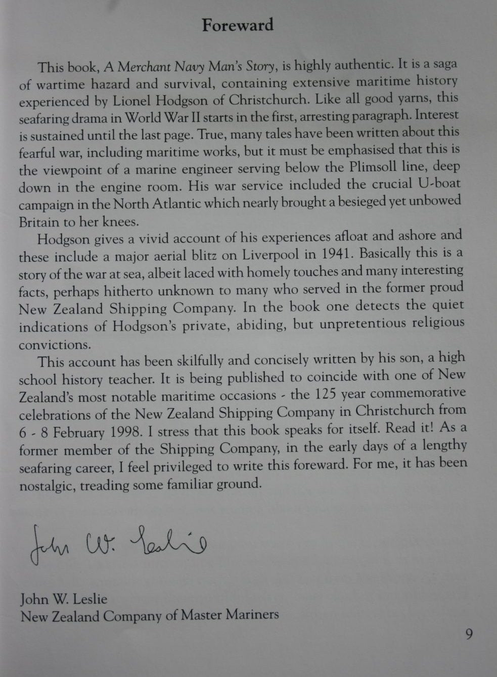 A Merchant Navy Man's Story: An Engineer Officer's Wartime Experiences in the New Zealand Shipping Company, 1939 - 1945 by David Lionel Hodgson. SCARCE.