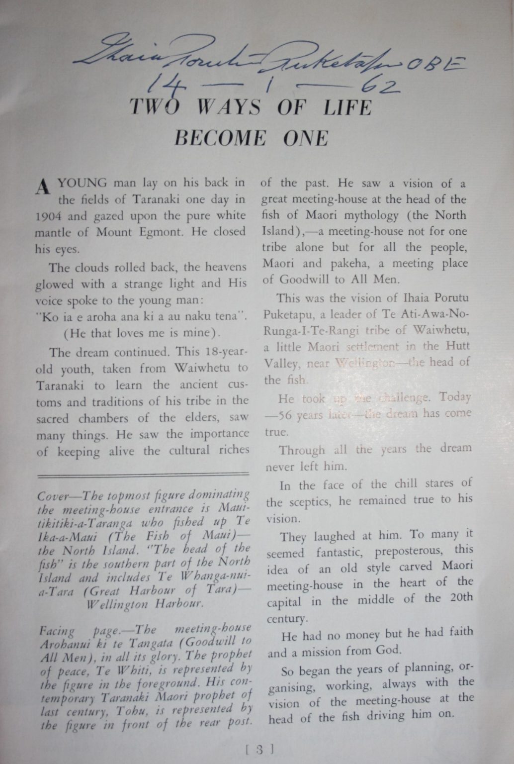 The Story of . 'Arohanui Ki Te Tangata' -- the Meeting-House of 'Goodwill To All Men', Waiwhetu, Lower Hutt. SIGNED & dated twice by Ihaia Porutu Puketapu 10-9-62.