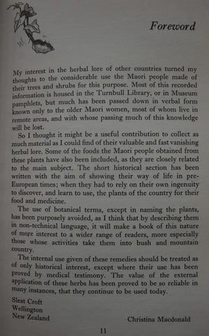 Medicines of the Maori From their Trees, Shrubs and other Plants, Together with Food from the Same Source. By Christina Macdonald. 1973. FIRST EDITION, first printing.