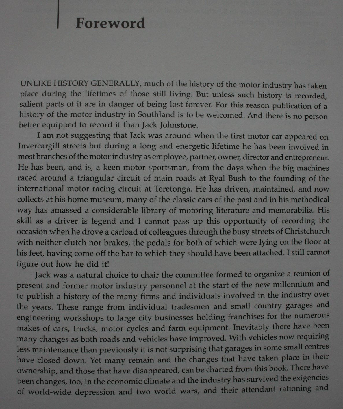 The Southern Motor Industry: The History of the Motor Industry in Invercargill and Surrounding Districts By Jack Johnstone. SIGNED BY AUTHOR. VERY SCARCE SIGNED COPY.