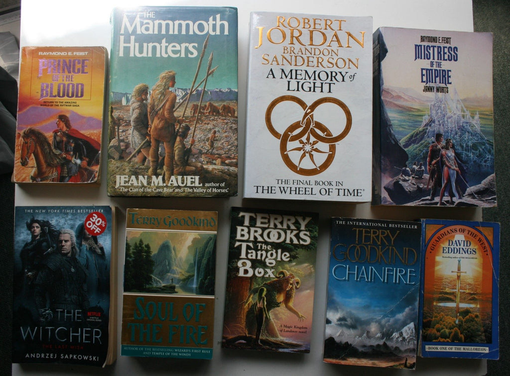 9 books: 8 Fantasy + 1 Auel. (Feist, Jordan, Goodkind, Eddings, Brooks)