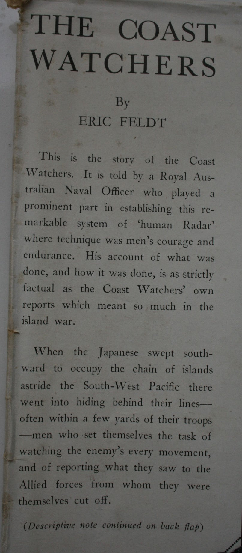 The Coast Watchers. FIRST EDITION (1946) Includes personal letter from former Resident commissioner of the Solomon Islands
