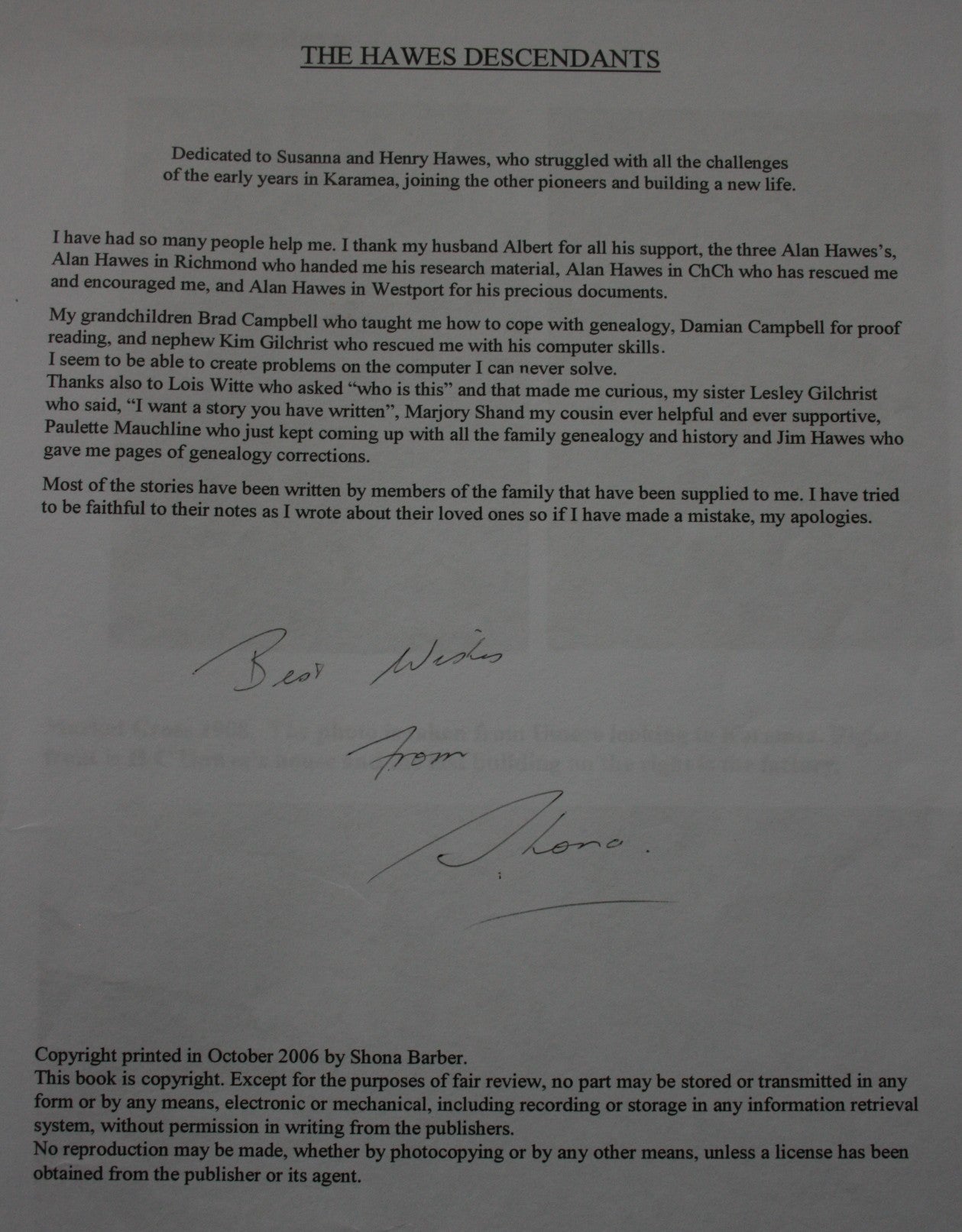 Settled Too Early: The Story of the Pioneers Susanna & Henry Hawes. By Shona Barber. SIGNED BY AUTHOR. VERY SCARCE.