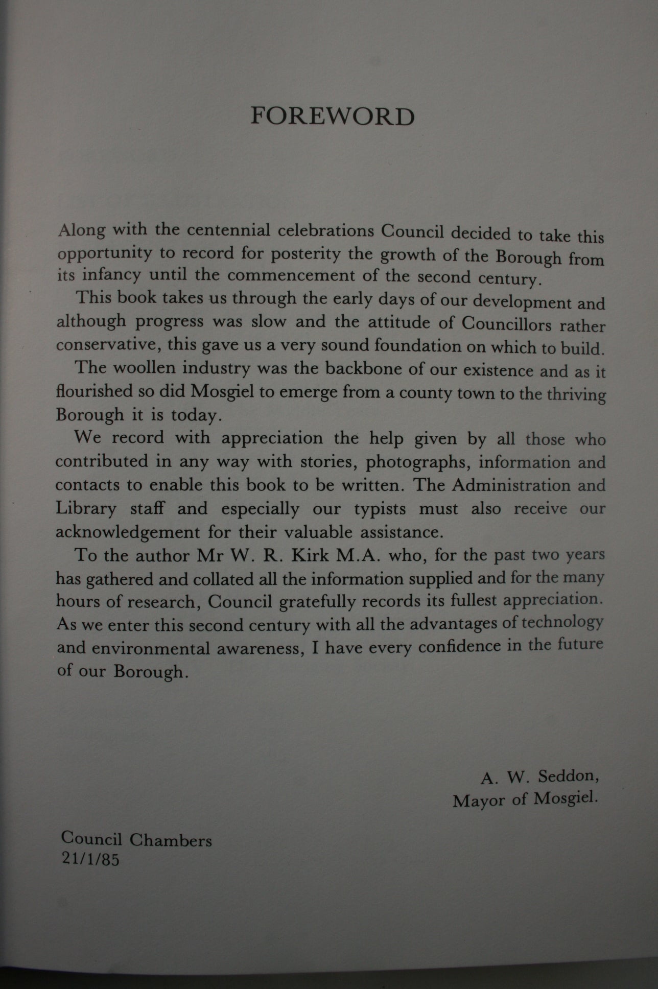 Pulse of the Plain : A History of Mosgiel By W R Kirk. SIGNED BY AUTHOR.