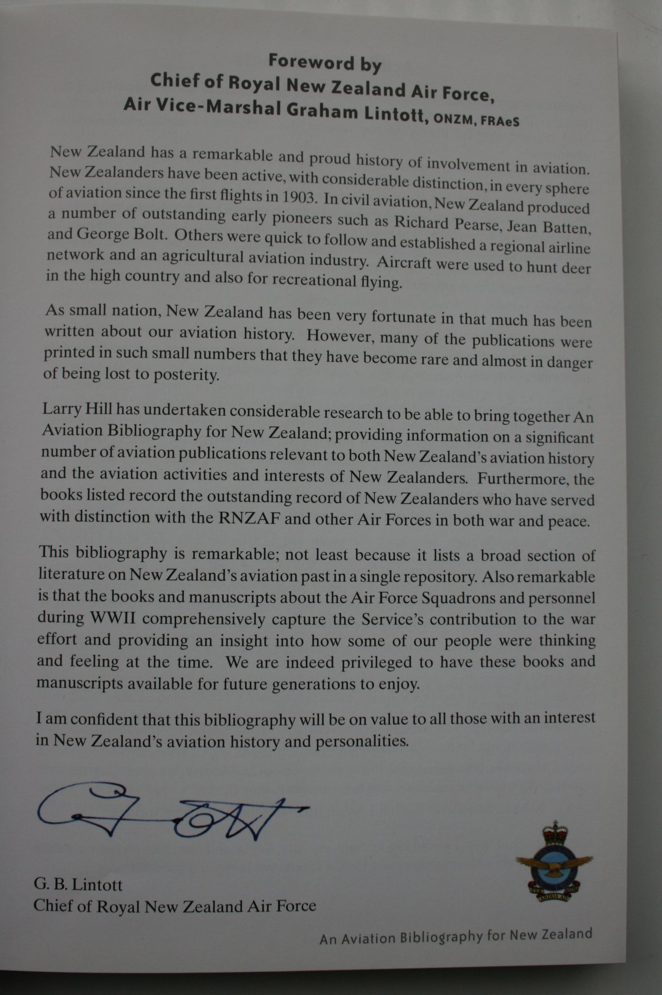 An Aviation Bibliography for New Zealand. SIGNED COLLECTOR'S EDITION, HARDBACK.