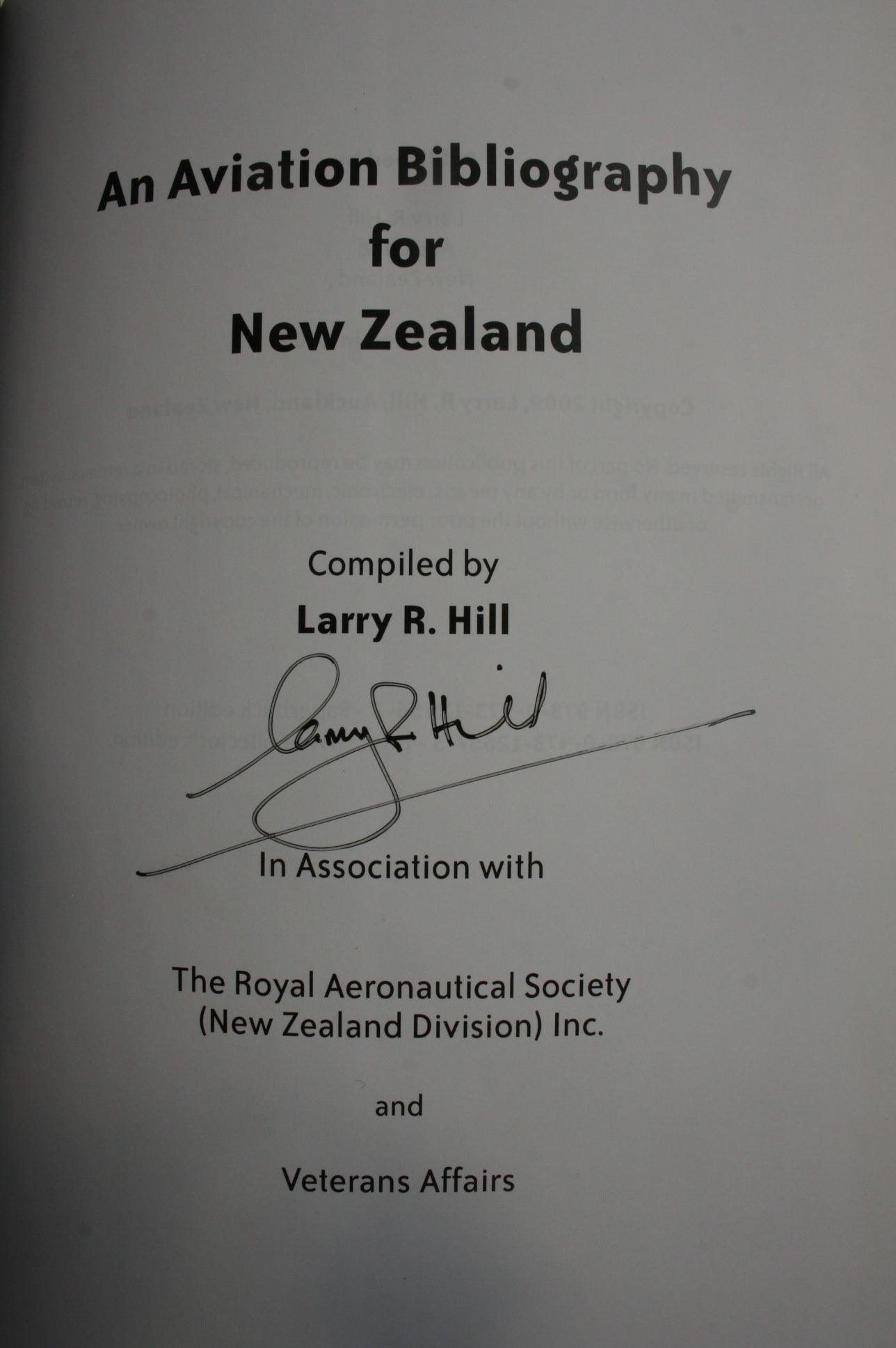 An Aviation Bibliography for New Zealand. SIGNED COLLECTOR'S EDITION, HARDBACK.