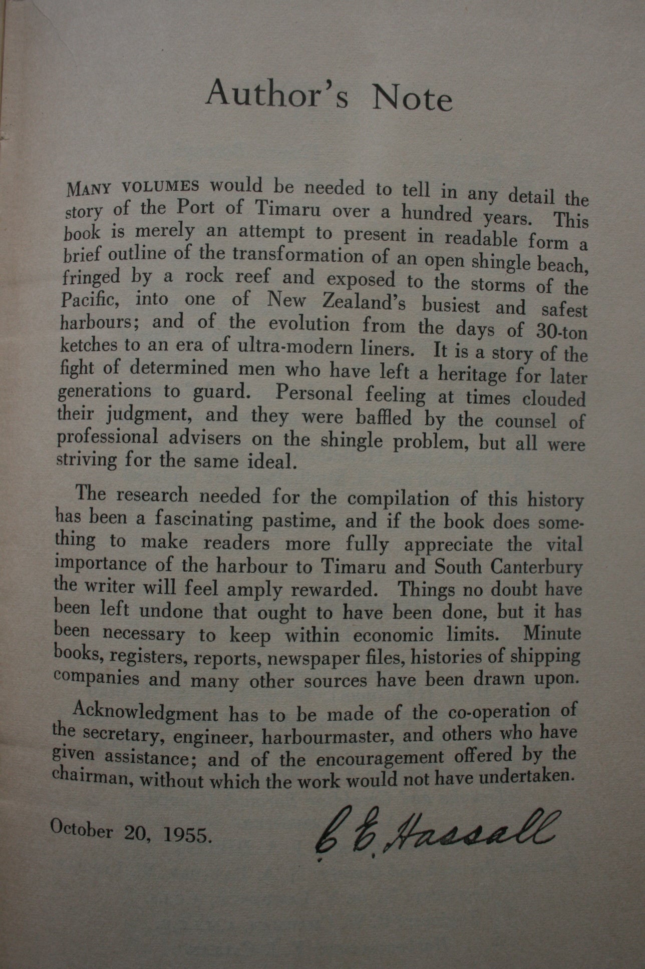 The Port of Timaru 1852-1955. By Charles E Hassall. 1955. First Edition.