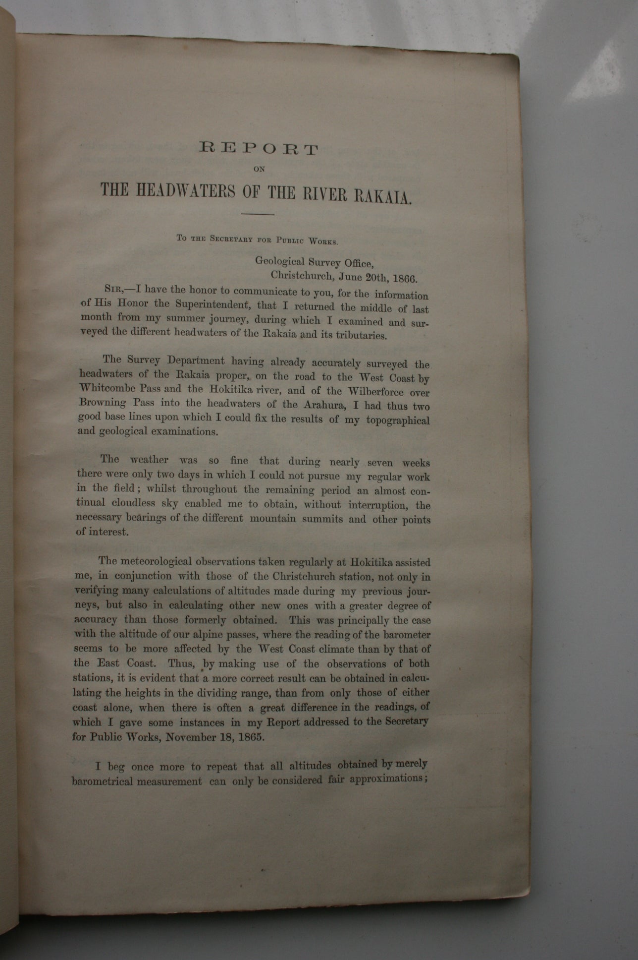 Report on the Headwaters of the River Rakaia. 1867. INSCRIBED BY AUTHOR.