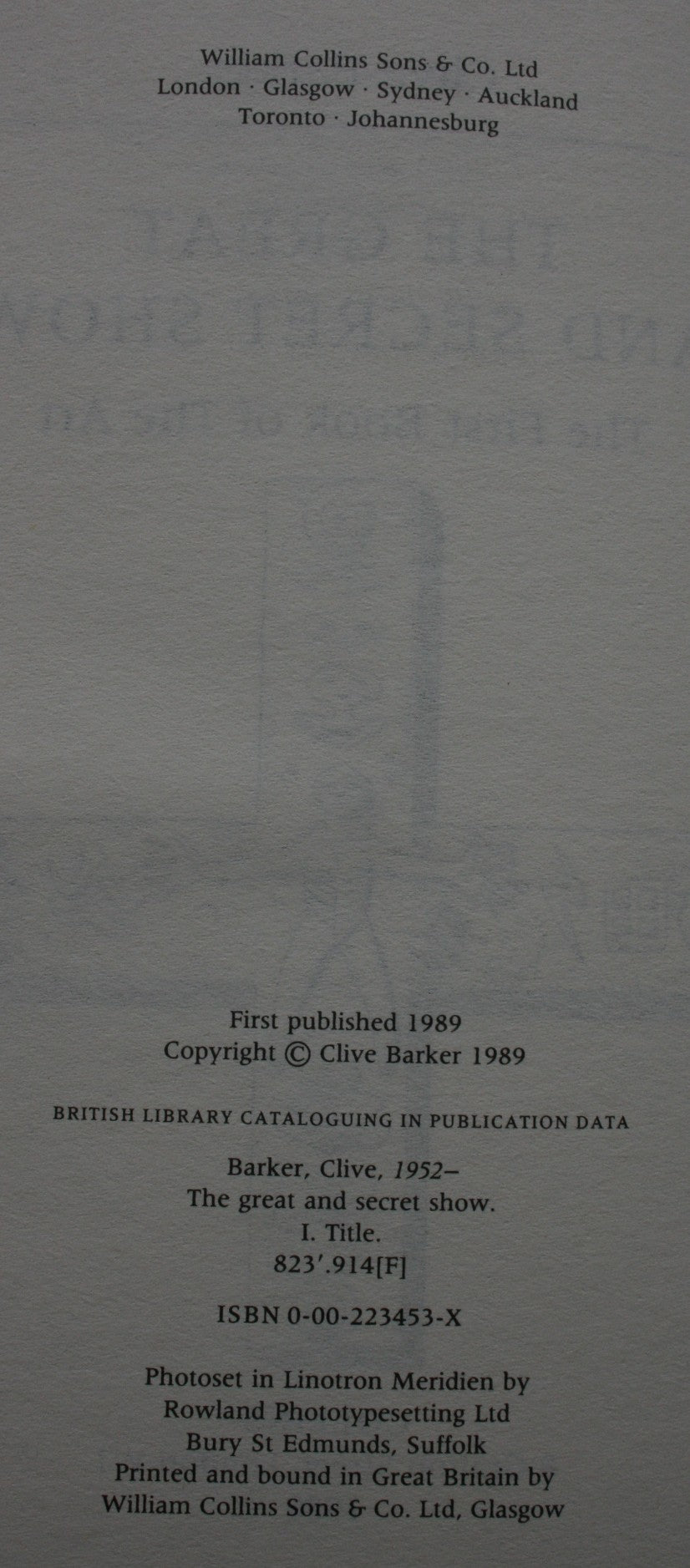 The Great And Secret Show. First Edition. By Clive Barker