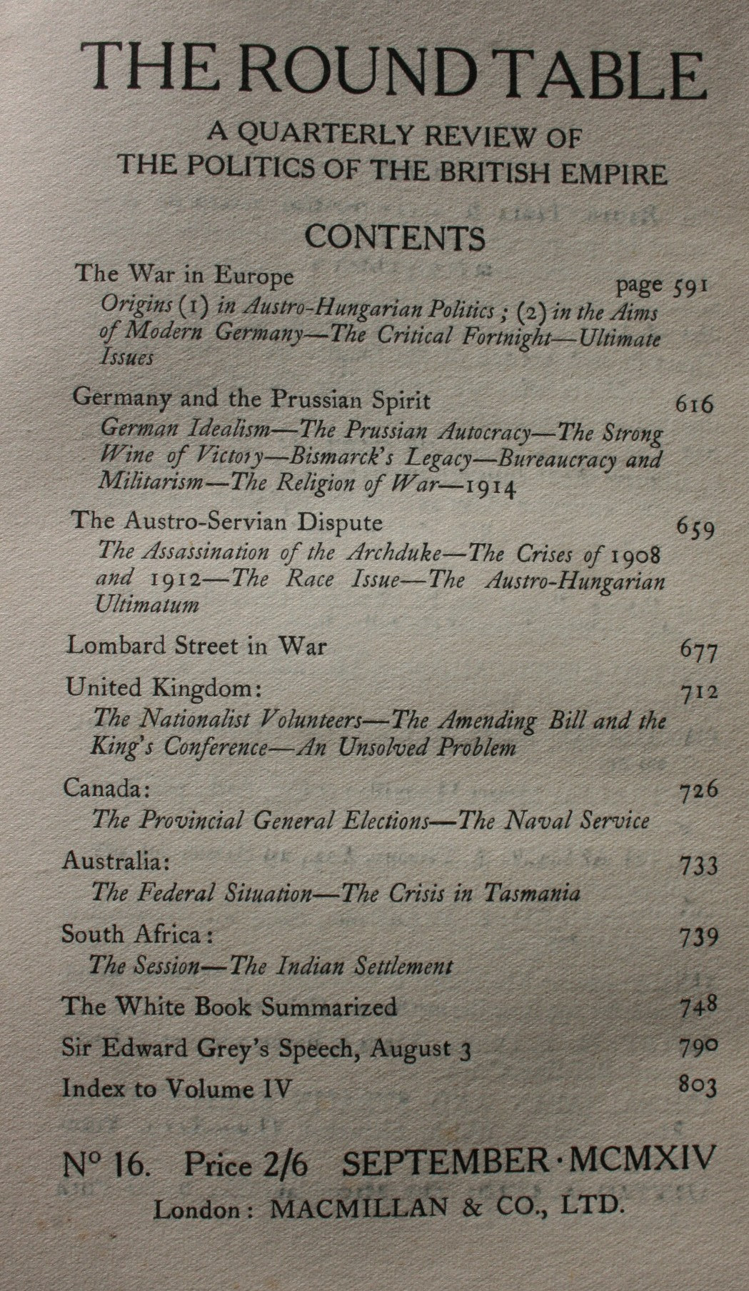 The Round Table. A Quarterly Review of the Politics of the British Empire. Special War Number. September, MCMXIV, No. 16.