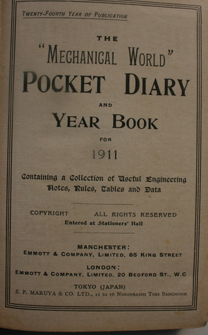 The Mechanical World Pocket Diary and Yearbook for 1911. With compliments of R B Denniston Co.' printed in gilt to front cover.