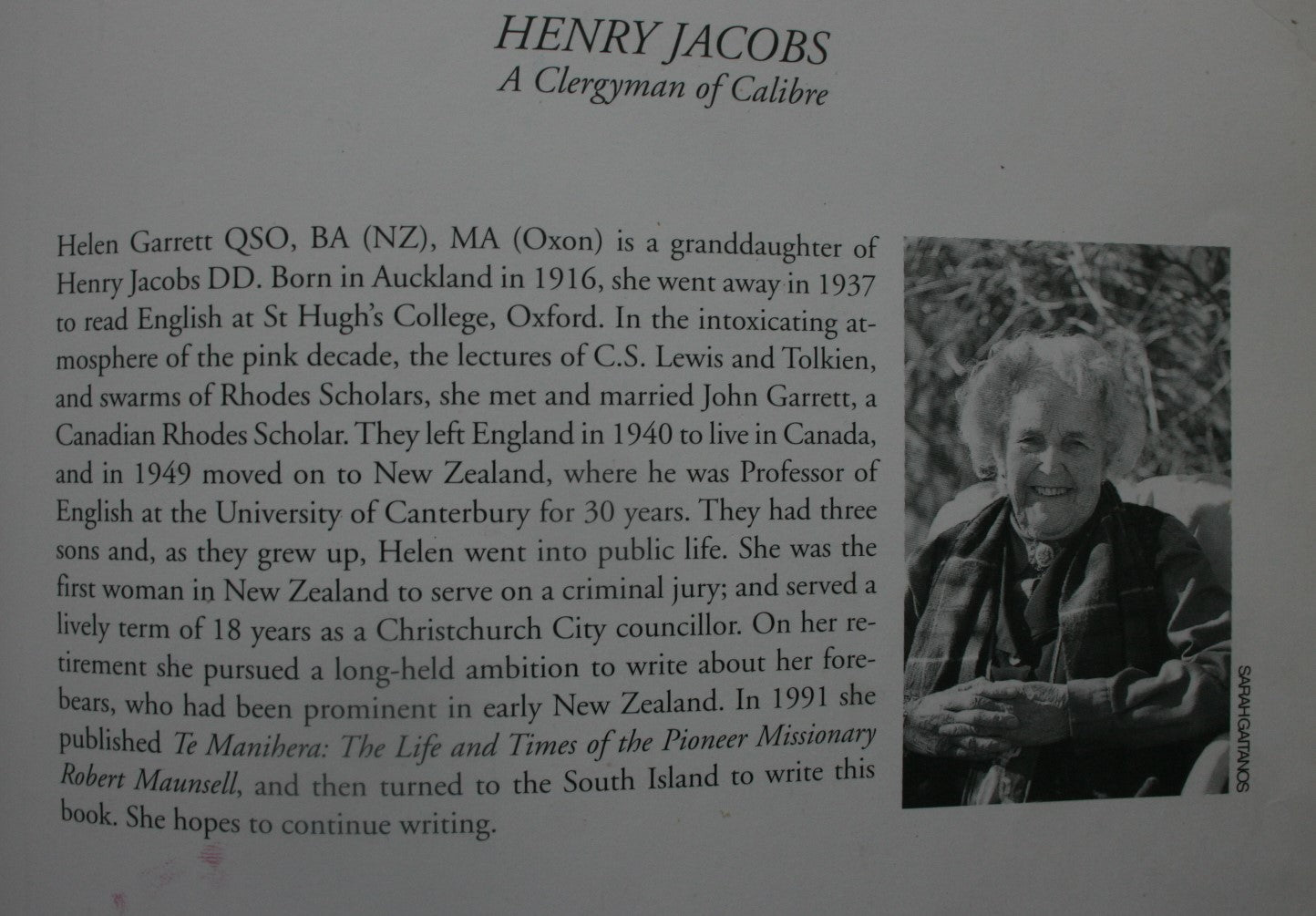 Henry Jacobs a Clergyman of Calibre. (including the reminiscences of Mary Thompson) By Helen Garrett. SIGNED BY AUTHOR.