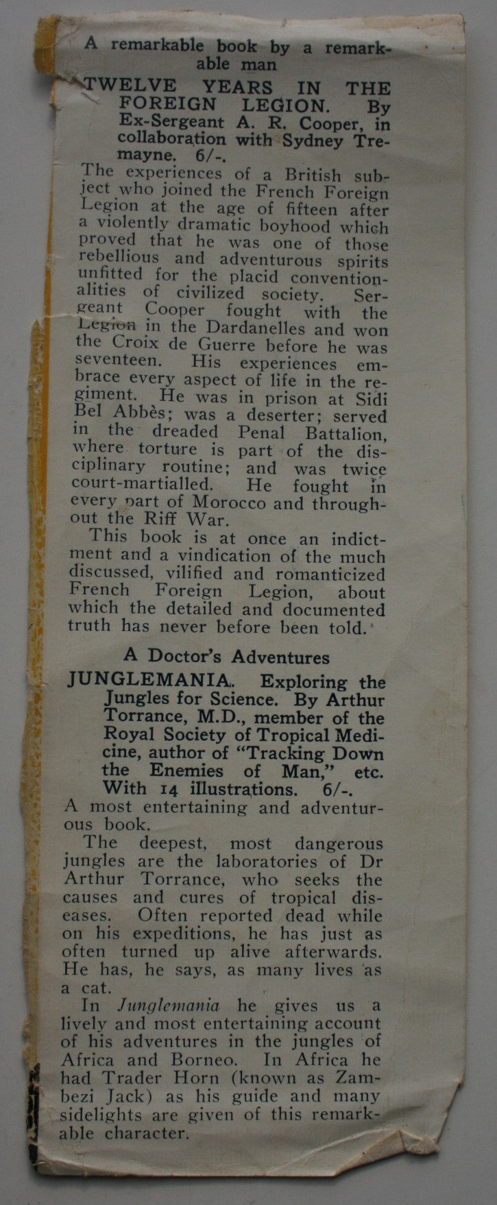 Twelve Years in the Foreign Legion by A.R. Cooper and Sydney Tremayne. 1933, first edition. RARE.