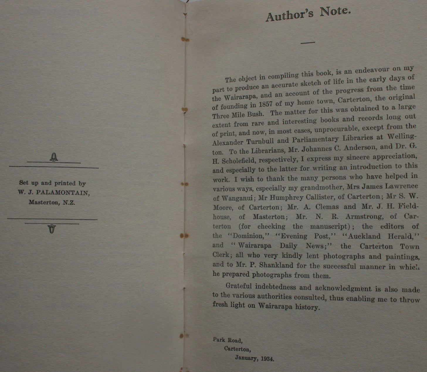 Three Mile Bush : an early history of the Wairarapa and settlements from 1840 to time of settlement, and Carterton from 1857 to date, etc. etc. BY Warwick Lawrence.