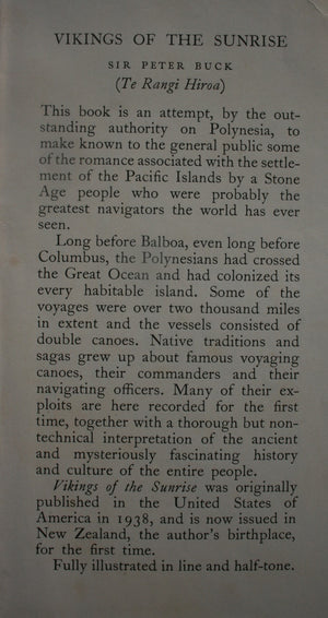 Vikings of the Sunrise by Te Rangi Hiroa (Sir Peter Buck). 1954. VERY SCARCE First New Zealand Edition